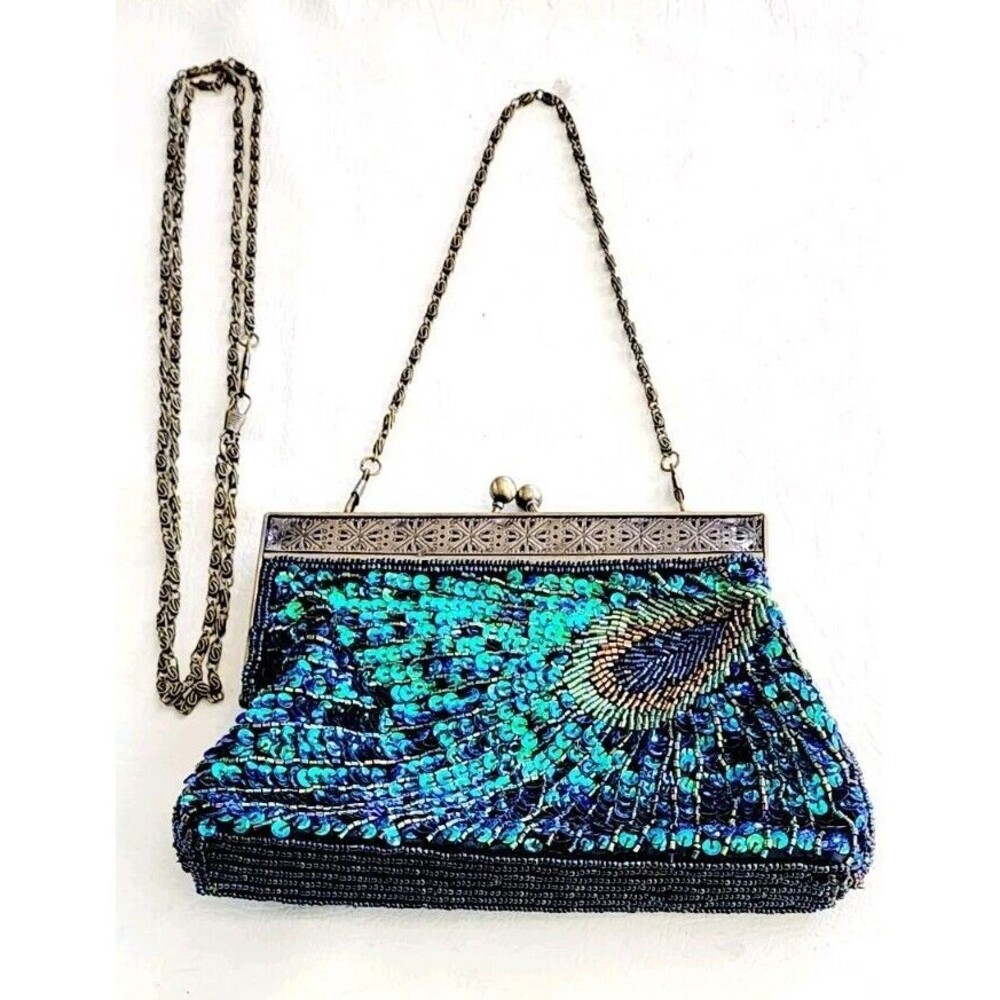 Vintage Women Evening Clutch Bag Handmade Beaded Peacock Wedding Party Handbag